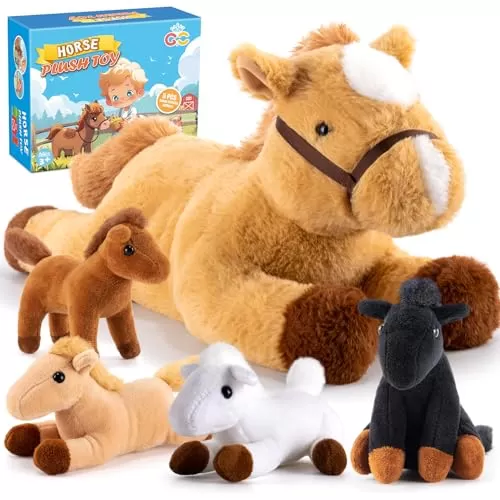 G.C Plush Horse Family Set: Large Mommy Horse with 4 Baby Ponies